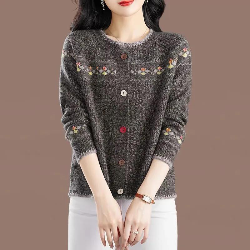 Women Sweater Coat Retro Jacquard Knitwear Jacket Ladies  Early Spring Autumn Outerwear Loose Top