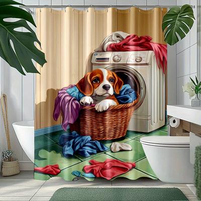 Adorable Puppy Shower Curtain - Laundry Basket & Washing Machine Print, Durable Machine-Washable Fabric, Playful Design