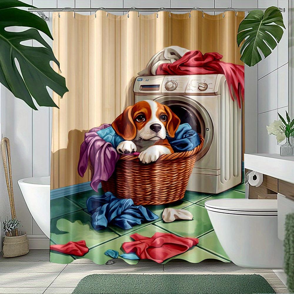 Adorable Puppy Shower Curtain - Laundry Basket & Washing Machine Print, Durable Machine-Washable Fabric, Playful Design