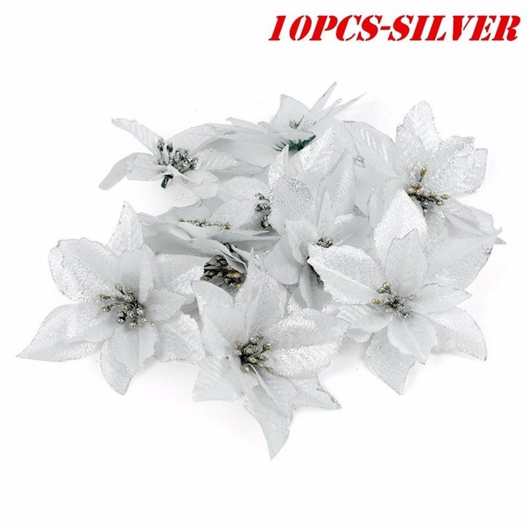 

10PCS Christmas Decorative Flowers 3 Layer Simulation Christmas Flowers Christmas Tree Hanging Pendant Home Decoration срібний