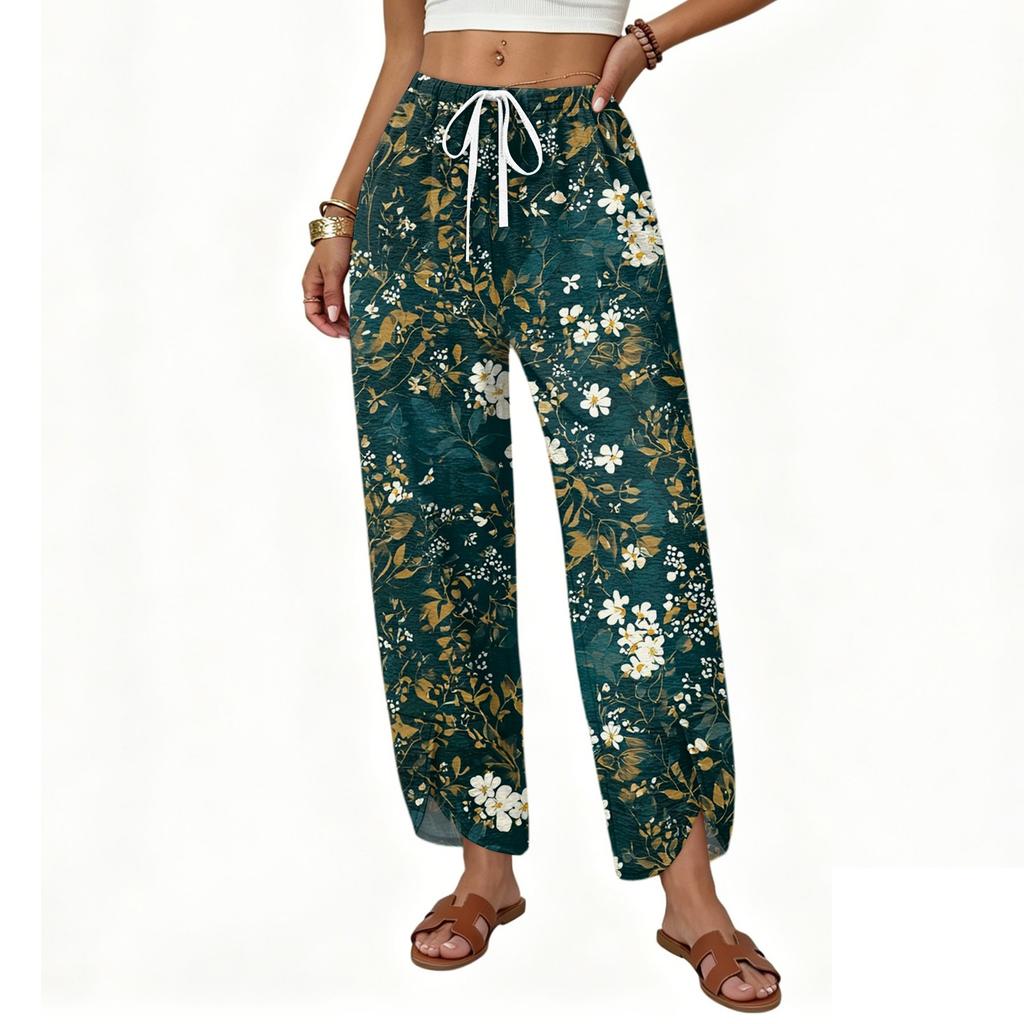 Women's Casual Loose Straight Leg Drawstring Printed Long Pants with Relaxed Fit Lightweight Breathable Fabric for Everyday Wear