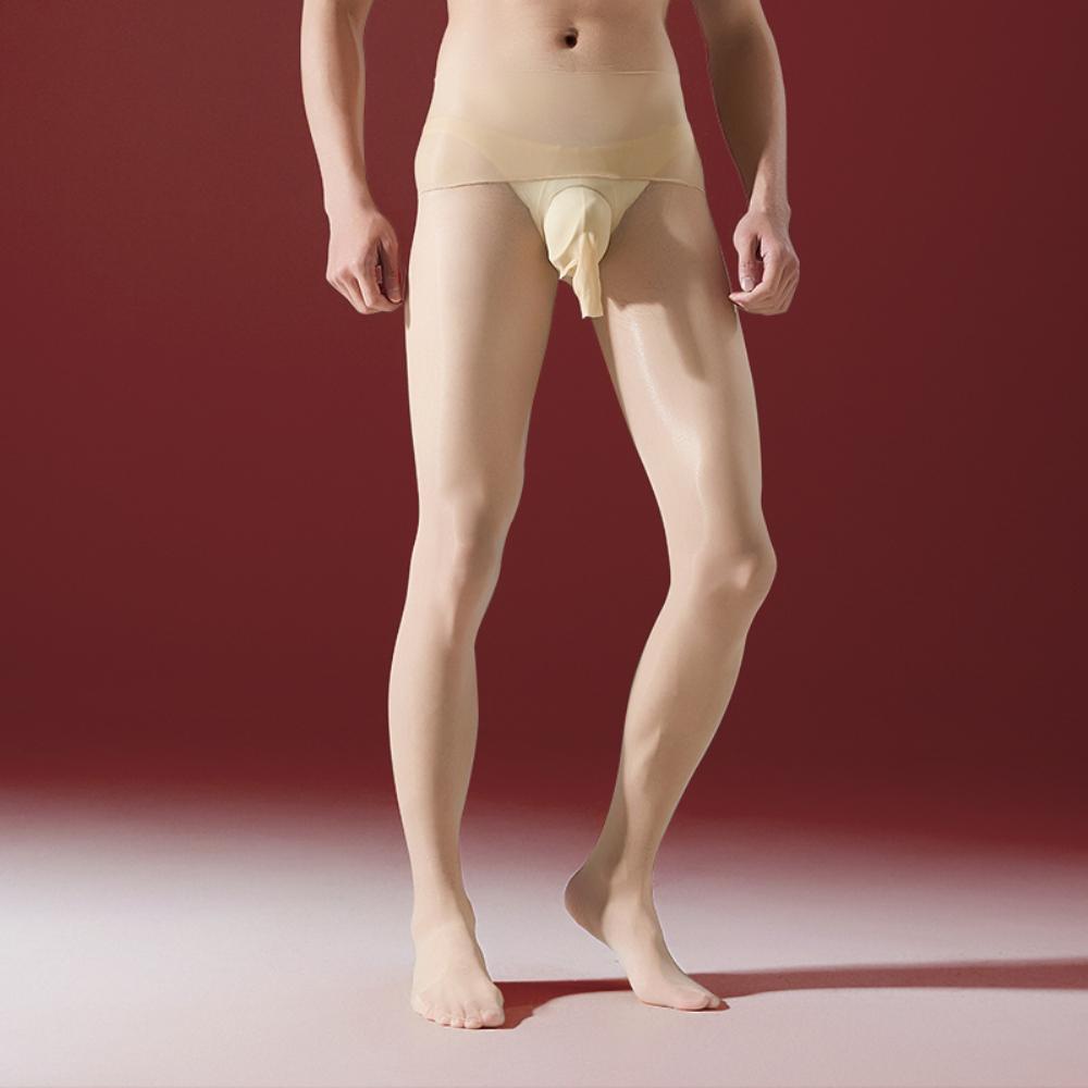 Sexy Men Thin Sheer See Through Open Close Sleeve COCKring Stockings Seamless Stockings Oil Glossy Shiny Pantyhose Tights