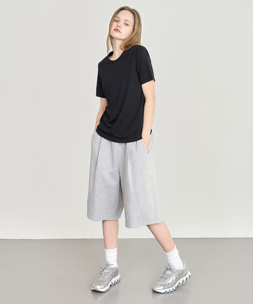 BASIC HOUSE Uni Bermuda Wide Single-Pleat Special Double-Sided Shorts Melange Grey