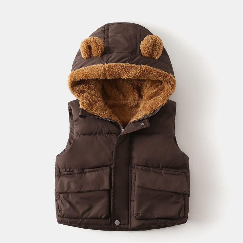 Thickened Cotton Coat for Boys and Girls, Winter Hooded Solid Color Fleece Vest, Cartoon Children's Clothing, Baby Cotton Jacket with Zipper