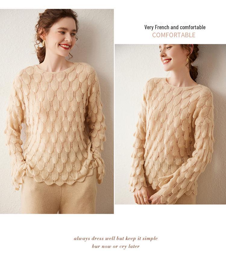 Cashmere Openwork Feather Knit Round Neck Long Sleeve Sweater
