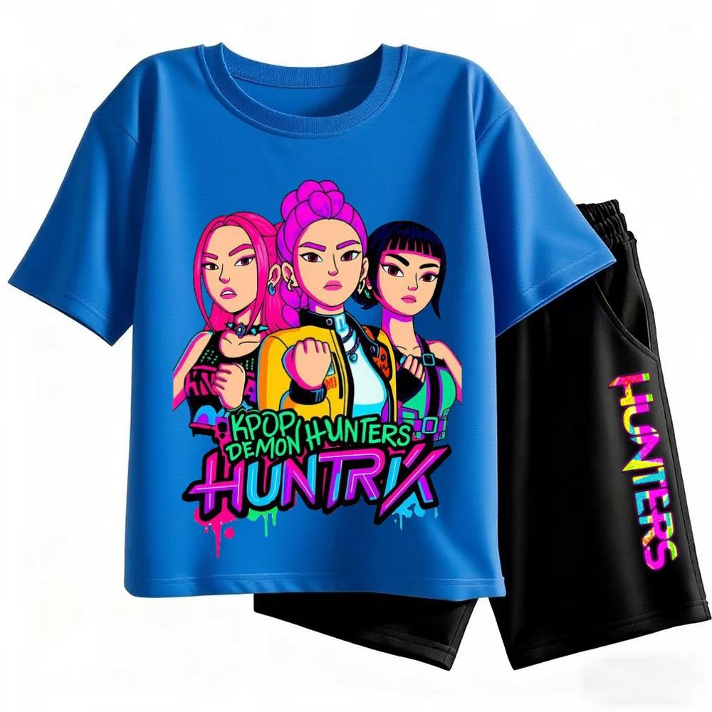 2pcs Kpop Demon Hunters Short Sleeved Shorts Set Featuring Rumi Mira Zoey Girl Group Magical Warrior Fan Tops