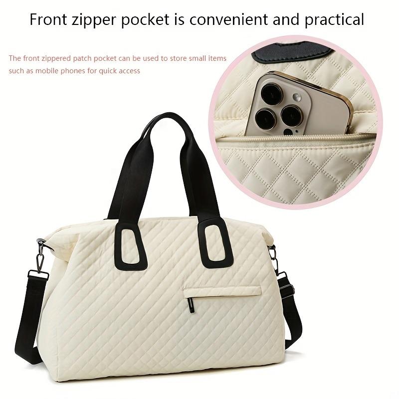 Women's Large Capacity Quilted Travel Duffel Bag with Rhombus Pattern,Solid Color Overnight Bag with Multiple Pockets, Women's Leisure Tote Bag