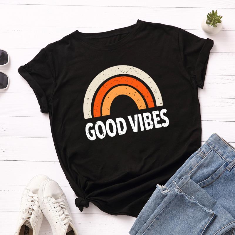 

Літні жіночі футболки з чистої бавовни з принтом веселки GOOD VIBES, вільні, з круглим вирізом, з коротким рукавом XL чорний