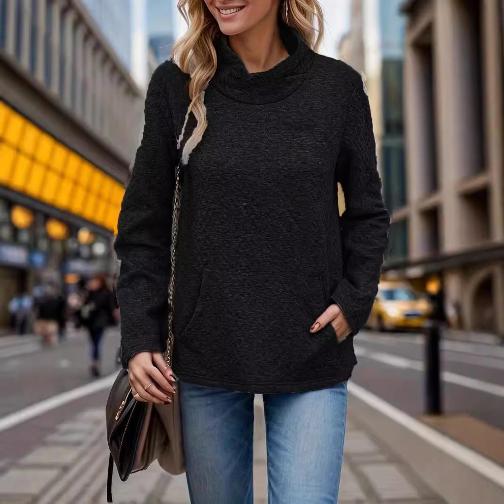 Autumn and Winter Women's Plus Size High Neck Casual Twist Solid Color Long Sleeve Sweatshirt