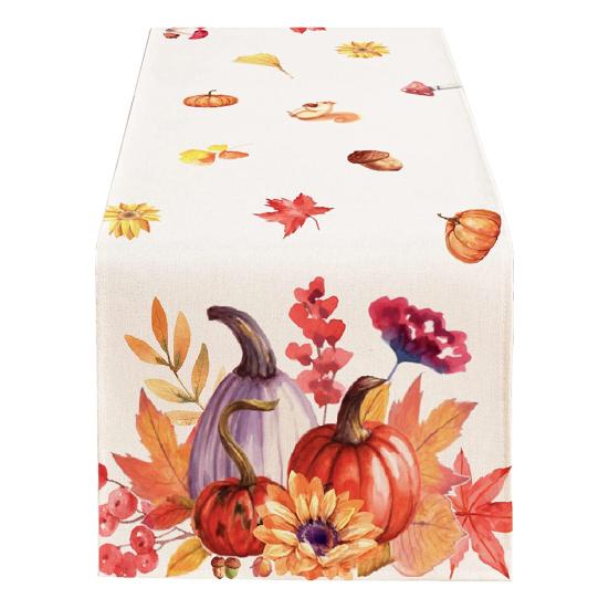 Thanksgiving Party Table Runner Pumpkin Sunflower Print Stain-Proof Reusable Table Protection Decoration