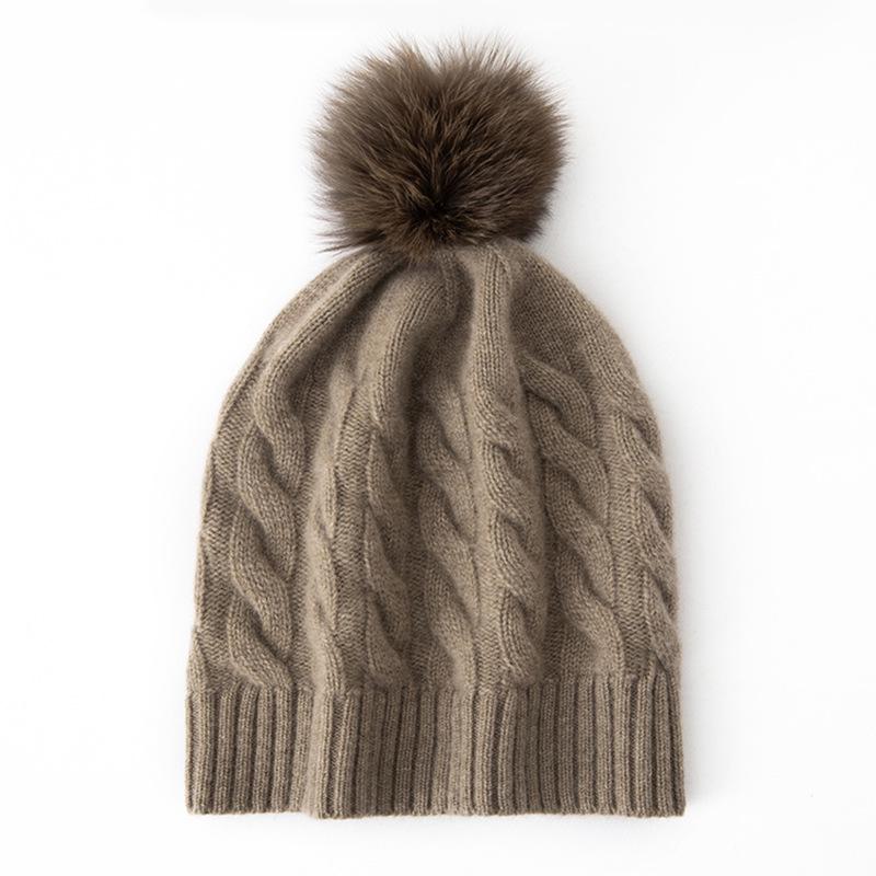 Women's 100% Cashmere Pom-Pom Hat - Three-Strand Winter Knit, Versatile Cable, Warm Ear Protection