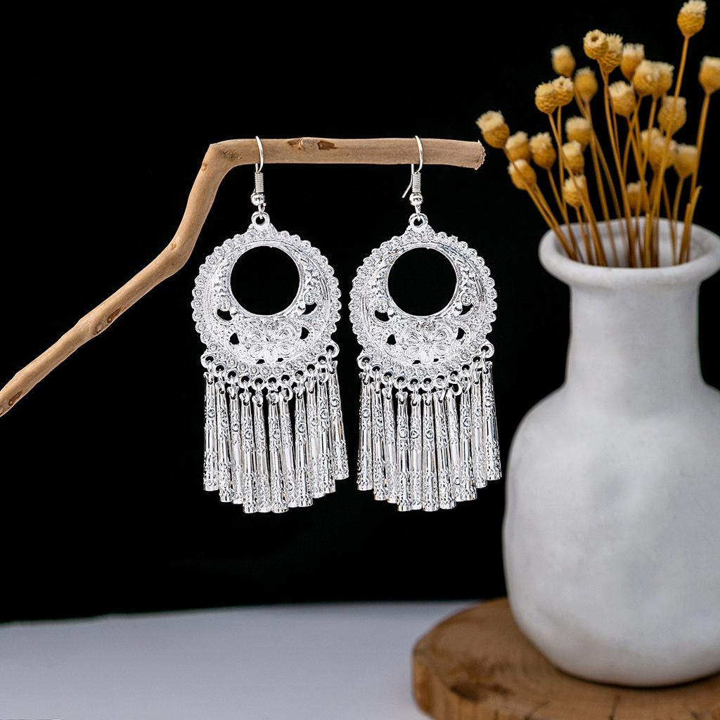 Ethnic Style Imitation Miao Silver Earrings, Colorful Long Fringed Chain Earrings, Hot-selling Earrings In Scenic Spots, Qinghe Jewelry Batches