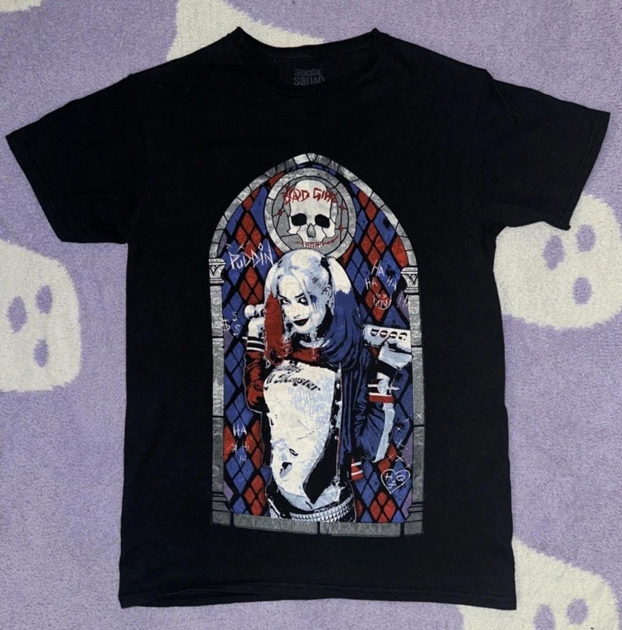 Suicide Squad Harley Quinn Stained Glass Shirt Men’s Small Black Graphic Tee DC S