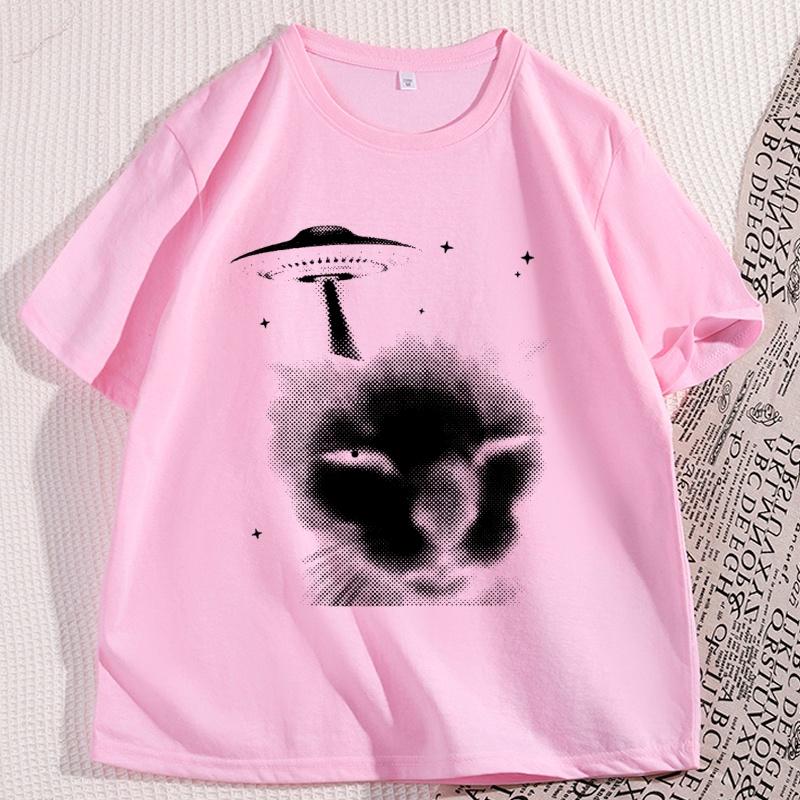 Funny Space Alien Cat Tshirt Vintage Graphic Tee 90s Silly Cats Tshirt Trendy Cotton Short Sleeve Round Neck Summer Tees
