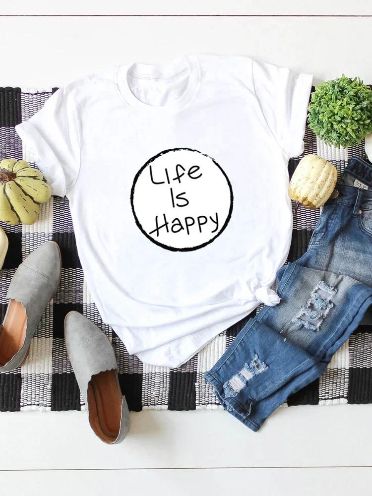 Life Is Happy Circle Print Women T Shirt Short Sleeve O Neck Loose Women Tshirt Ladies Tee Shirt Tops Clothes Camisetas Mujer