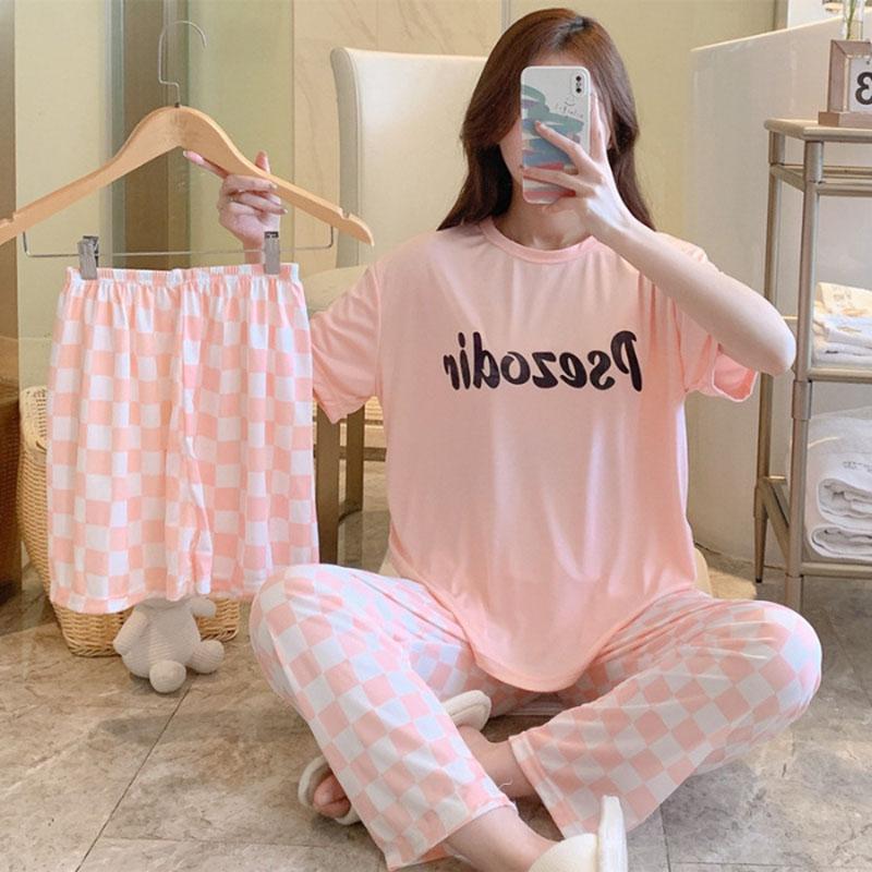 3PCS/Set Sexy Nightwear Women Letters Plaid Print Silk Pajamas Girl Sleepwear Round Neck Loungewear Ladies Casual Soft Home Wear