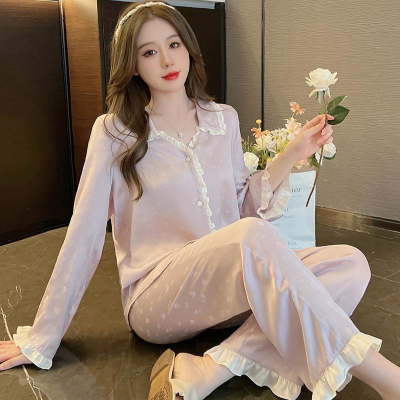 Women's Silky Purple Ice Silk Pajamas Set - Long-Sleeved Cardigan and Pants