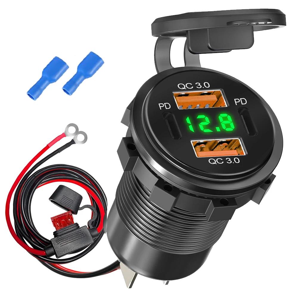 NEW 12-24V 96W Car Charger Power Outlet Socket Dual QC3.0 USB & Dual PD3.0 Fast Charging Outlet with LED Voltmeter Adapter