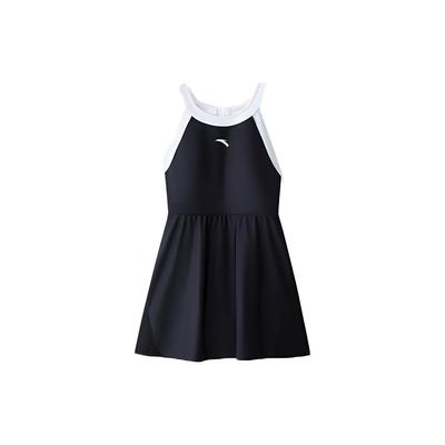Little Waist Series Logo Print Round Neck Sleeveless Swim Dress Women Swimwear Basic-Black Pure-White 1823531421-4