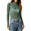 Women Sheer Mesh Polka Dot Long Sleeve Top Slim Fit Semi High Neck Stretchy Transparent T-Shirt Layering Base Shirt
