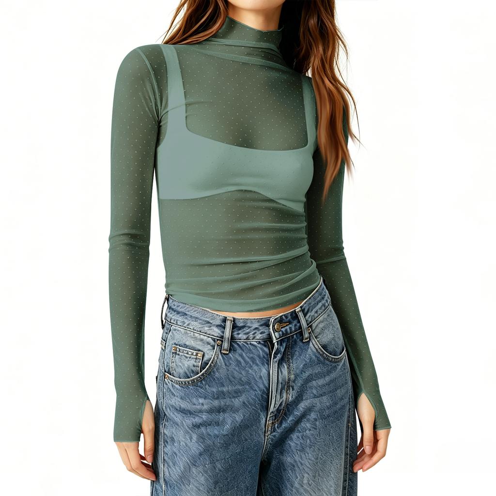 Women Sheer Mesh Polka Dot Long Sleeve Top Slim Fit Semi High Neck Stretchy Transparent T-Shirt Layering Base Shirt
