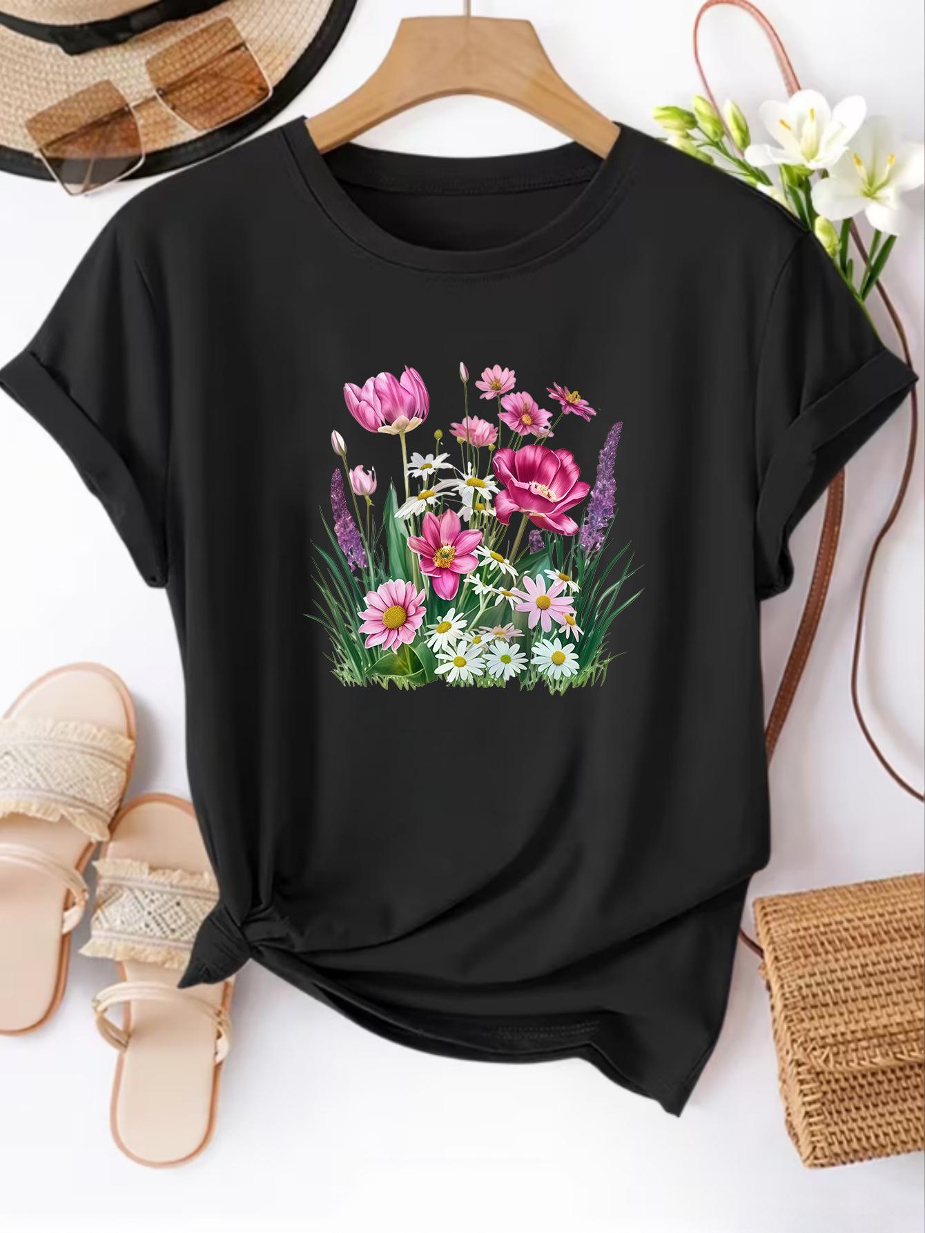 

Red Floral Flower Print Short-Sleeved T-Shirt. Women S Round Neck Top. Casual T-Shirt. Suitable for SpringSummer Daily Wear. Women S Clothing 3XL дубильна кора