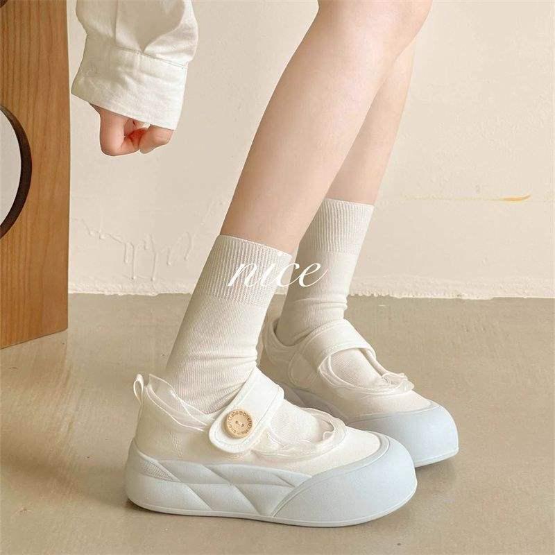 Zapatillas blancas de verano 2025 para mujer con cordones y velcro, zapatos de lona con plataforma, estilo Mary Jane