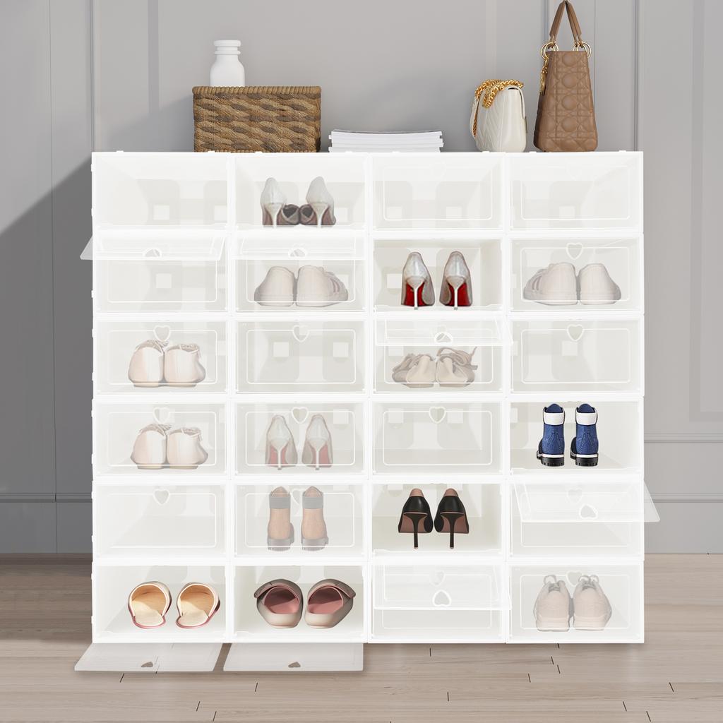 24-Pack Large Clear Shoe Boxes w/ Heart Design, Stackable Plastic Shoe Organizers for Closet, Durable Closet Organization System
