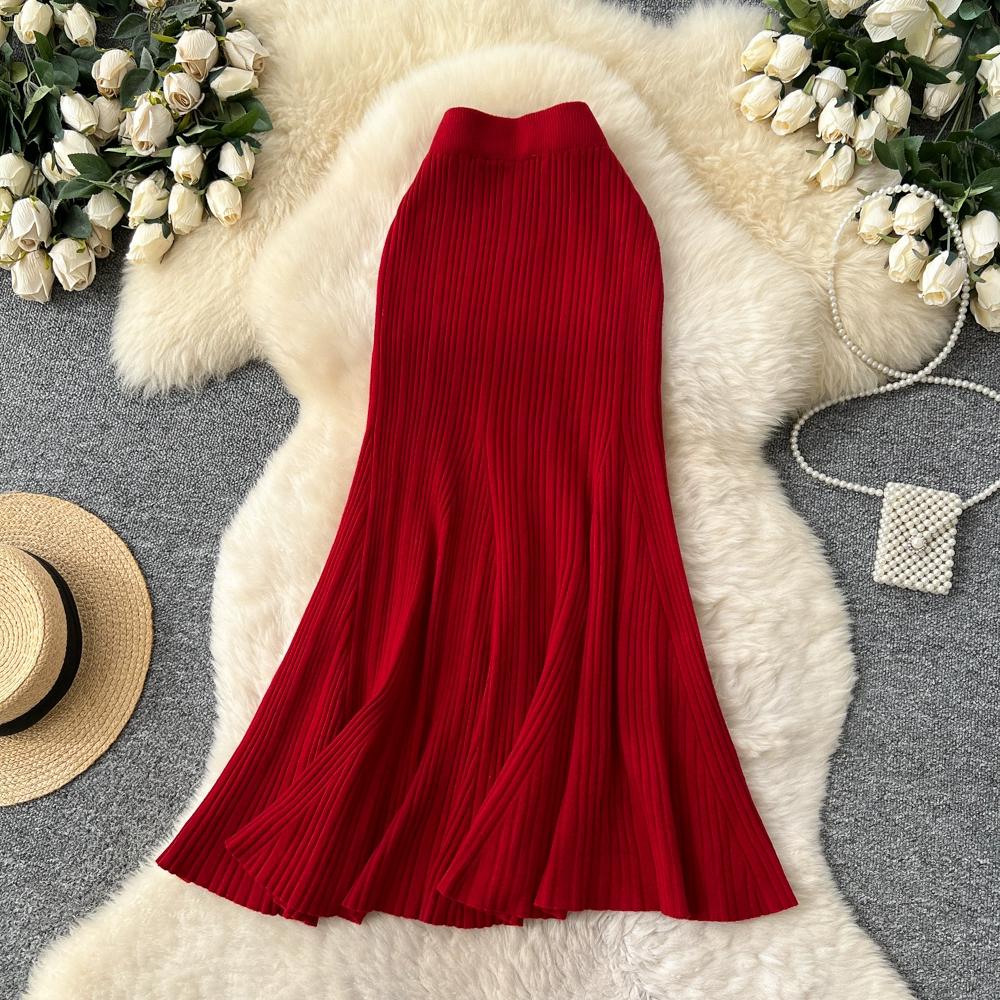 

Осень Зима Женская Элегантная Вязаная Длинная Миди Юбка Годе Облегающая Фигуру One Size красный