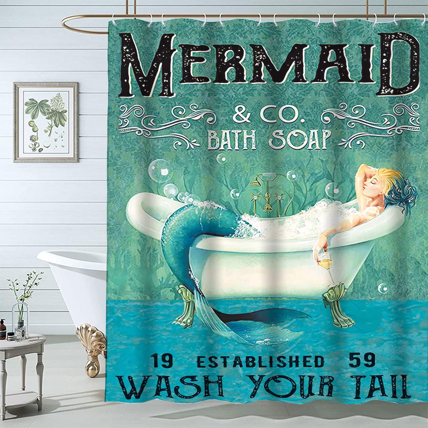 

Blue Mermaid Ocean Shower Curtain - 60Wx72L Inch, Green, Wash Your Tail Funny Bathtub Bubble Waterproof Polyester Fabric, 12 Pla 90x180cm