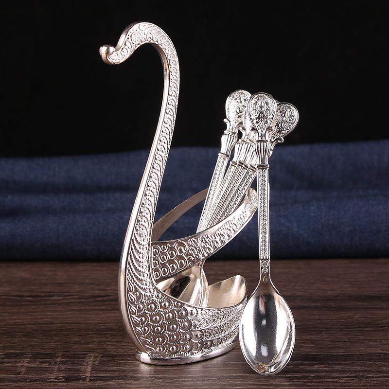 Light luxury fruit fork dessert fruit stick pure copper swan base creative high-end tableware dim sum coffee spoon set