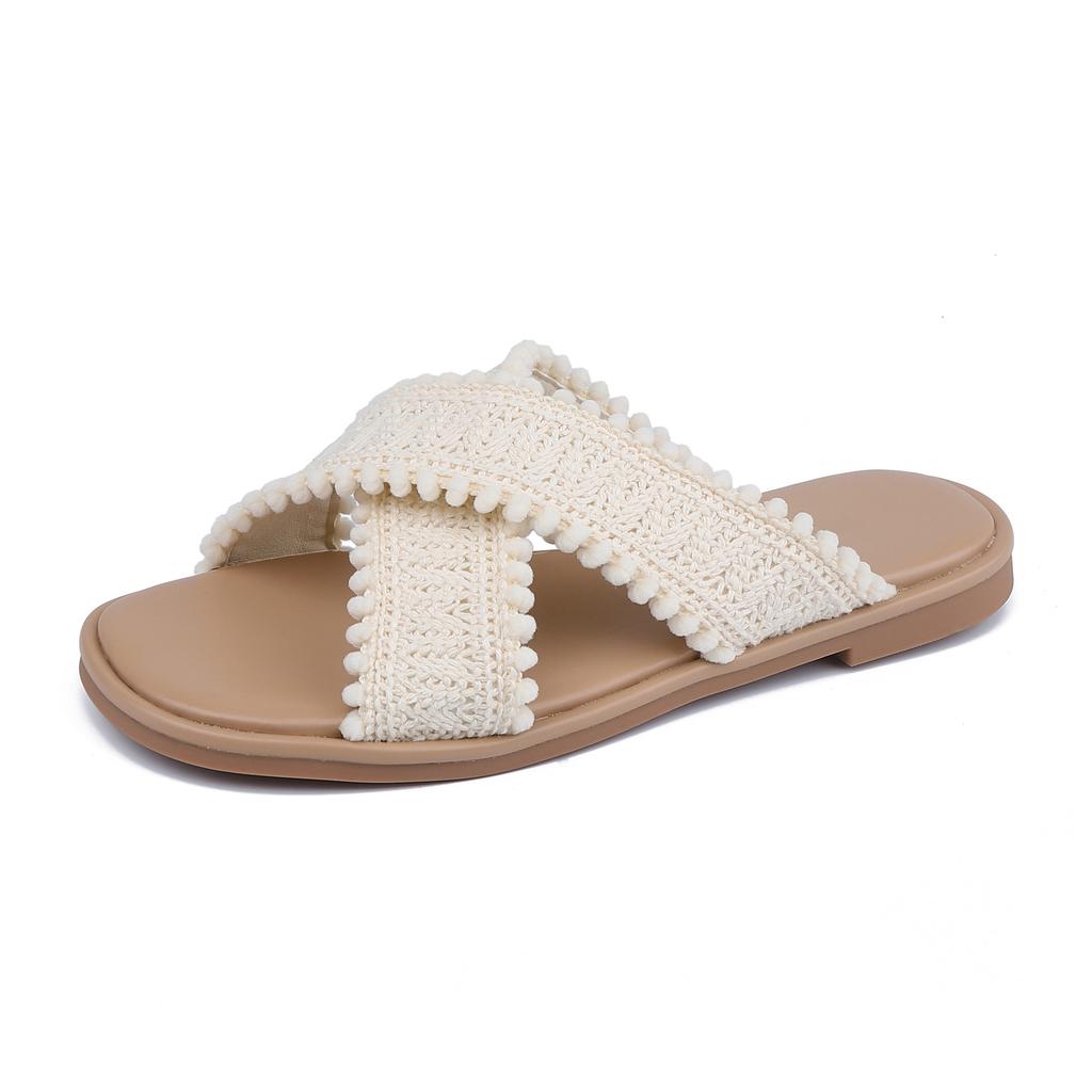 Grape Mother Women's Shoes Wear High-end Sense Small Fragrant Style Woven Cross-belt Flat-bottomed Slippers Women's Temperament Gentle Style