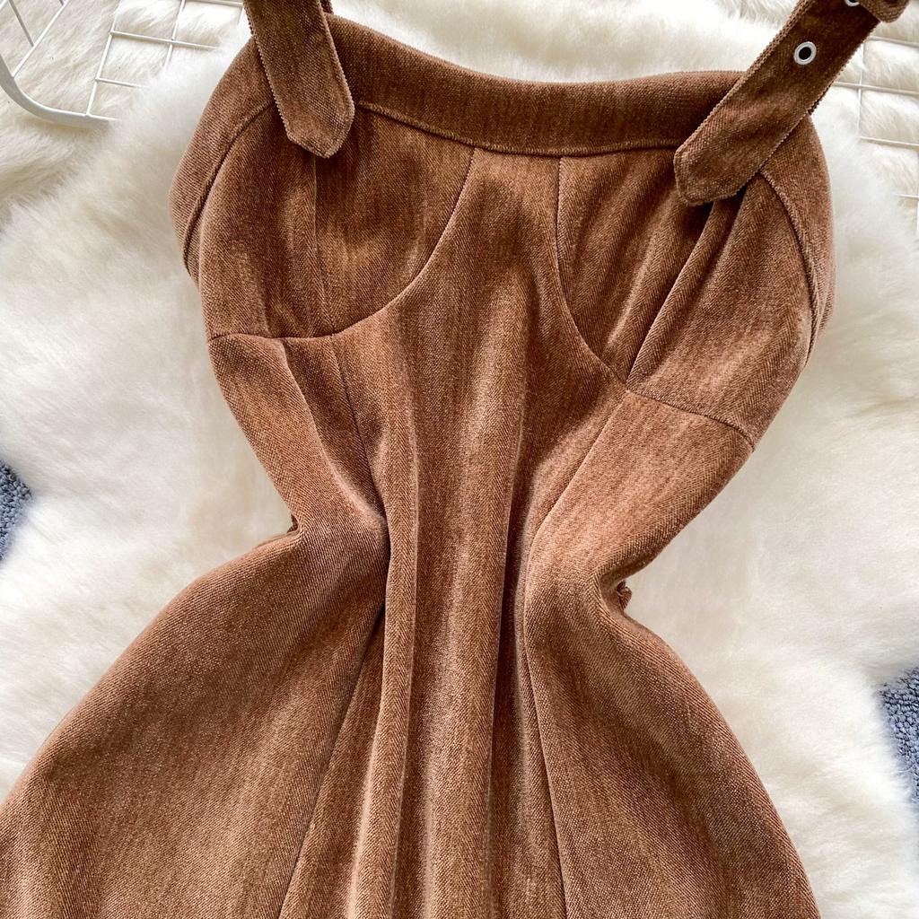 Toamnă Iarnă Anglia Stil Vintage Femei Rochii Midi Lungi din Catifea Cord cu Bretele Spaghetti