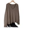 Women's Camel V-Neck Wool Sweater: Korean-Style, Loose Fit, Long-Sleeve Base Layer