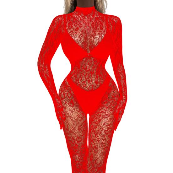 Women Sex Jumpsuit Hollow Out See-through Lace Fishnet Long Sleeves High Elasticity Thin Skinny Half-high Colllar Lady Honeymoon Wedding Jumpsuit