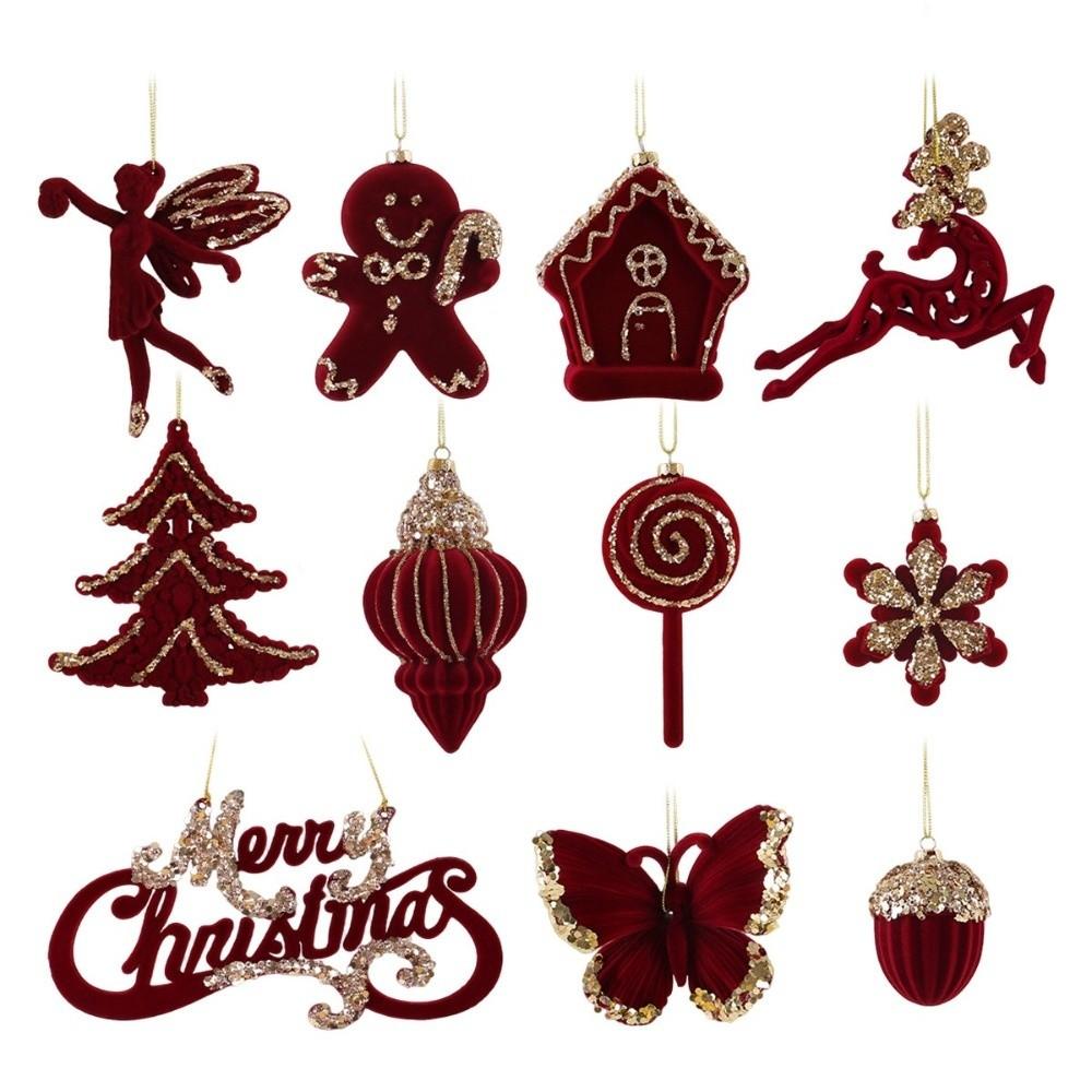 Red Flocked Velvet Christmas Tree Ornament Glitter Trim Xmas Pendant Tree Hanger Festival Layout