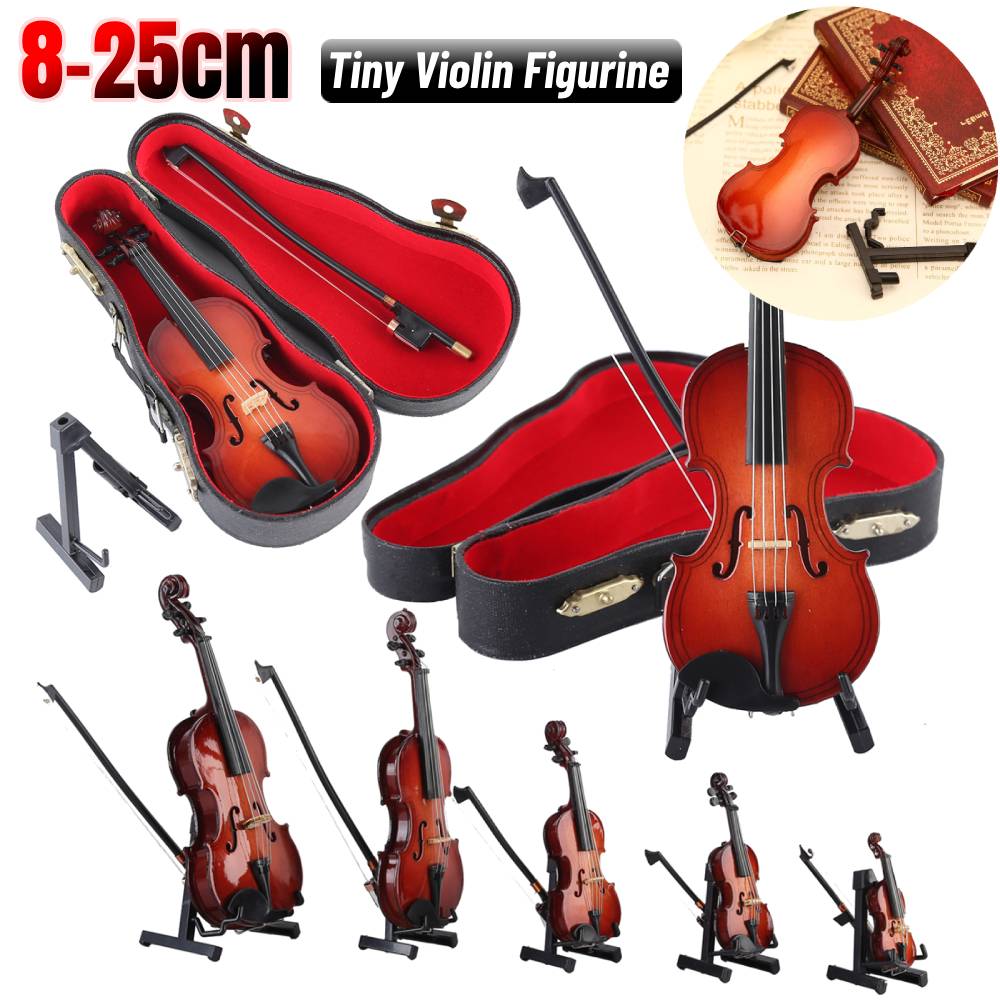 8-25cm Playable Tiny Violin Figurine Wooden Miniature Musical Instrument Musical Violin Ornaments Handmade Violin Model Gift