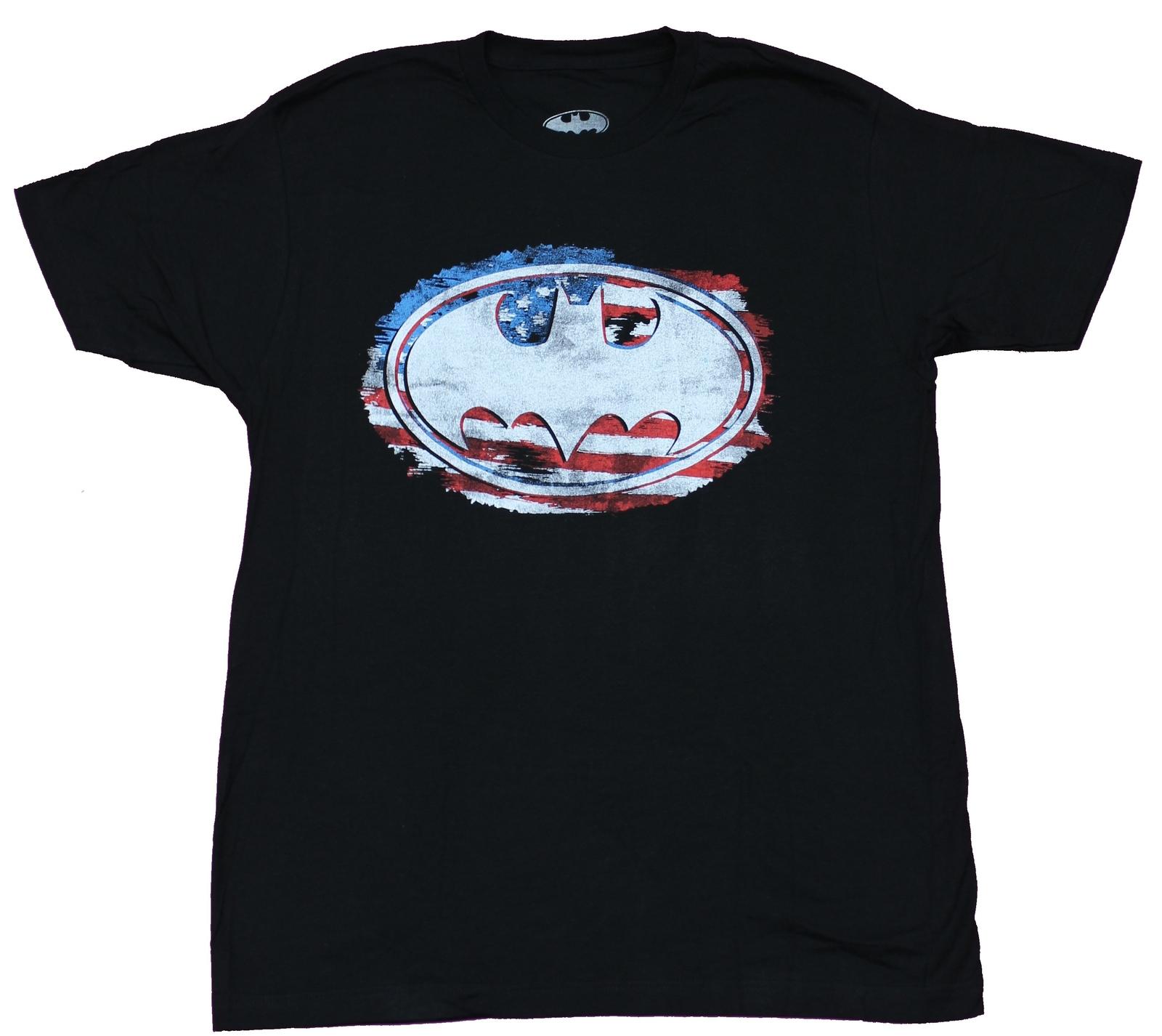 Batman Mens T-shirt Grayscale Oval Logo Over American Flag M
