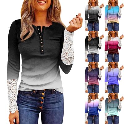 Women's Round Neckline With Buttons Autumn Slim Gradual Change Printed Stitching Lace Long Sleeve Top