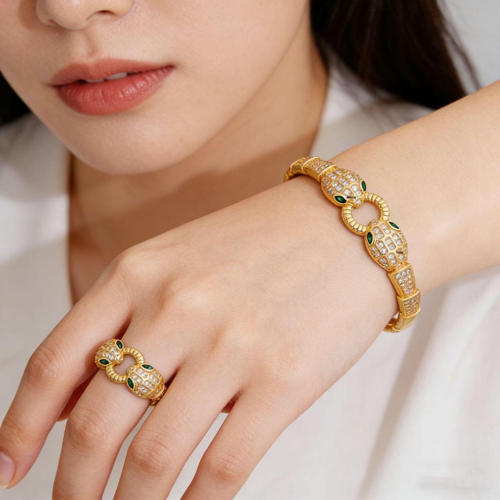 2026 Trendy Gold-Plated Copper Snake Bracelet & Ring Set with Green Eye and Full Diamond Micro-Pave