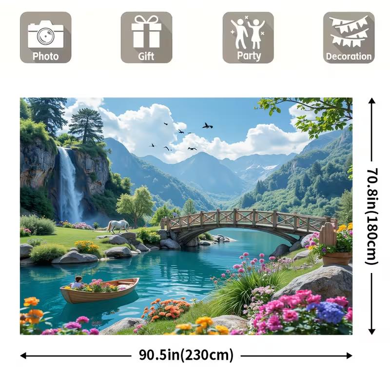 2D Bergsee-Wandteppich, 2D-Flachdruck Wasserfall und Brücke mit lebendigem Blumenhintergrundstoff
