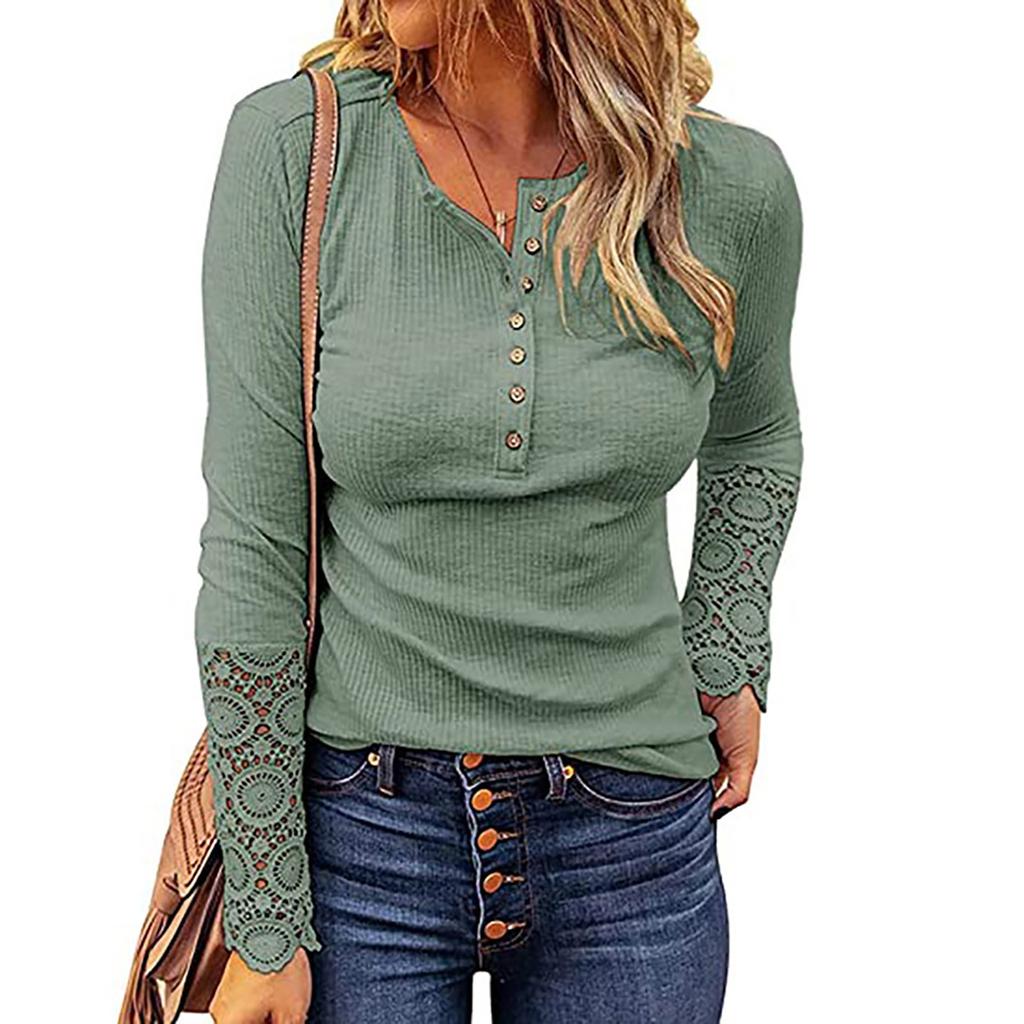 Ladies Casual Color Strip Color Slim Fit Round Neck Stitching Lace Sleeve T-Shirt