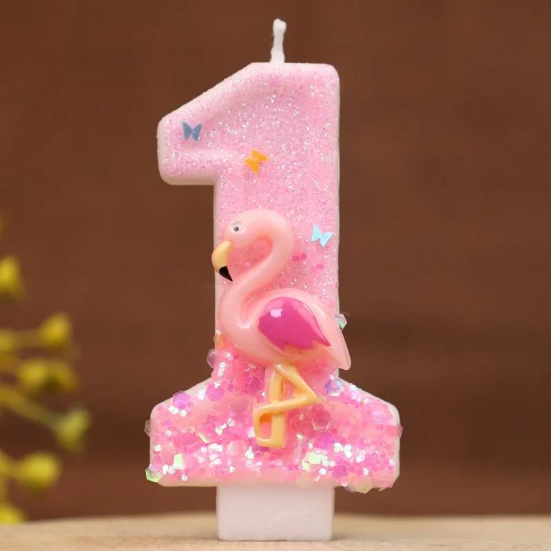 Pink Glitter Birthday Number Candles Flamingos 1 Year Baby Birthday Cake DecorationsBirthday Candle Pink Creative Girl Party