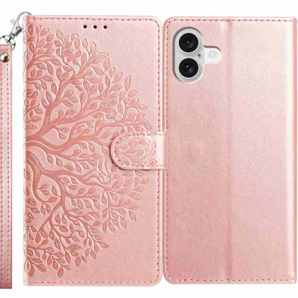

For iPhone 17 Leather Case Tree Imprint Wallet Stand Folio Phone Cover with Wrist Strap