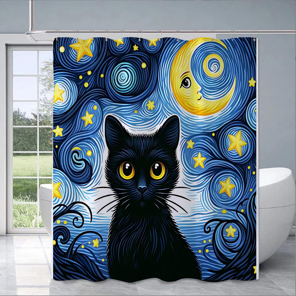 Shower Starry Sky Cat Curtain Waterproof Polyester Fabric Paint Colorful Bath Curtains Home Bathroom Decor Curtain With Hook