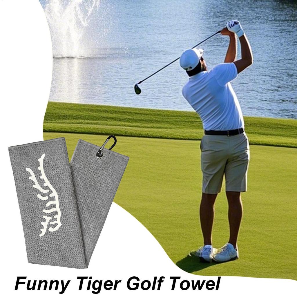 NEW 1pc Tiger Embroidered Golf Towel, Microfiber, Waffle Texture, Soft Material, with Carabiner, for Golf Bags and Accessories