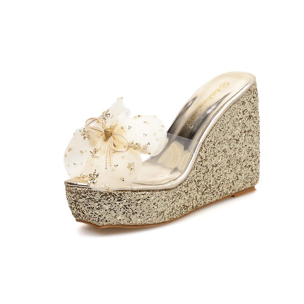 

768-30 Slope Heel High Heel Sandals 12CM Waterproof Table Muffin Thick Bottom Bow Flower Sequins Fish Mouth Slippers Women 39