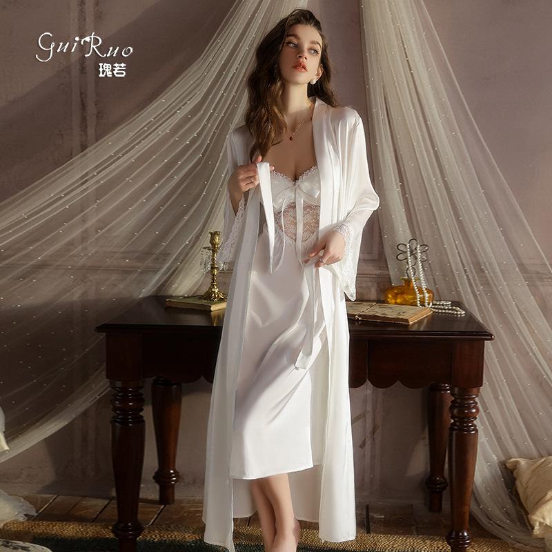 Women's Satin Lace Cutout Deep V Padded Sleep Dress with Robe Lounge Set