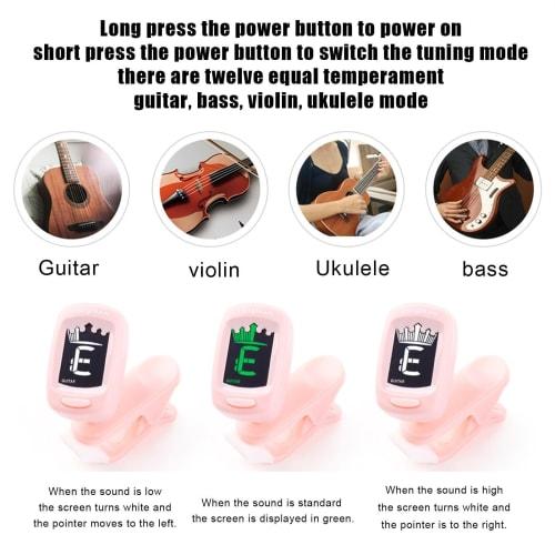 Pink Ukulele Tuner - Clip-on Guitar Tuner, Chromatic Tuner for Acoustic Guitar | Portable Ukulele Tuner, Violin and Bass Tuner with Guitar Capo, Digit