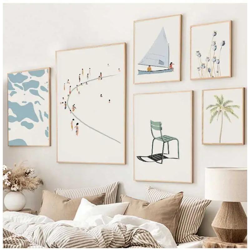 Minimalist Beach Ocean Floral Wall Art, Sailboat Canvas Painting, Pool Posters & Prints, Pictures for Living Room Decor